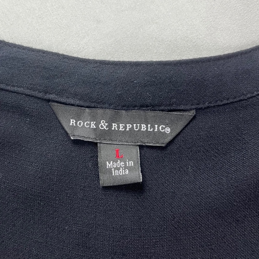 Rock & Republic Womens Large Surplice Lattice Neck Wrap Blouse Mineral Black - Picture 3 of 8